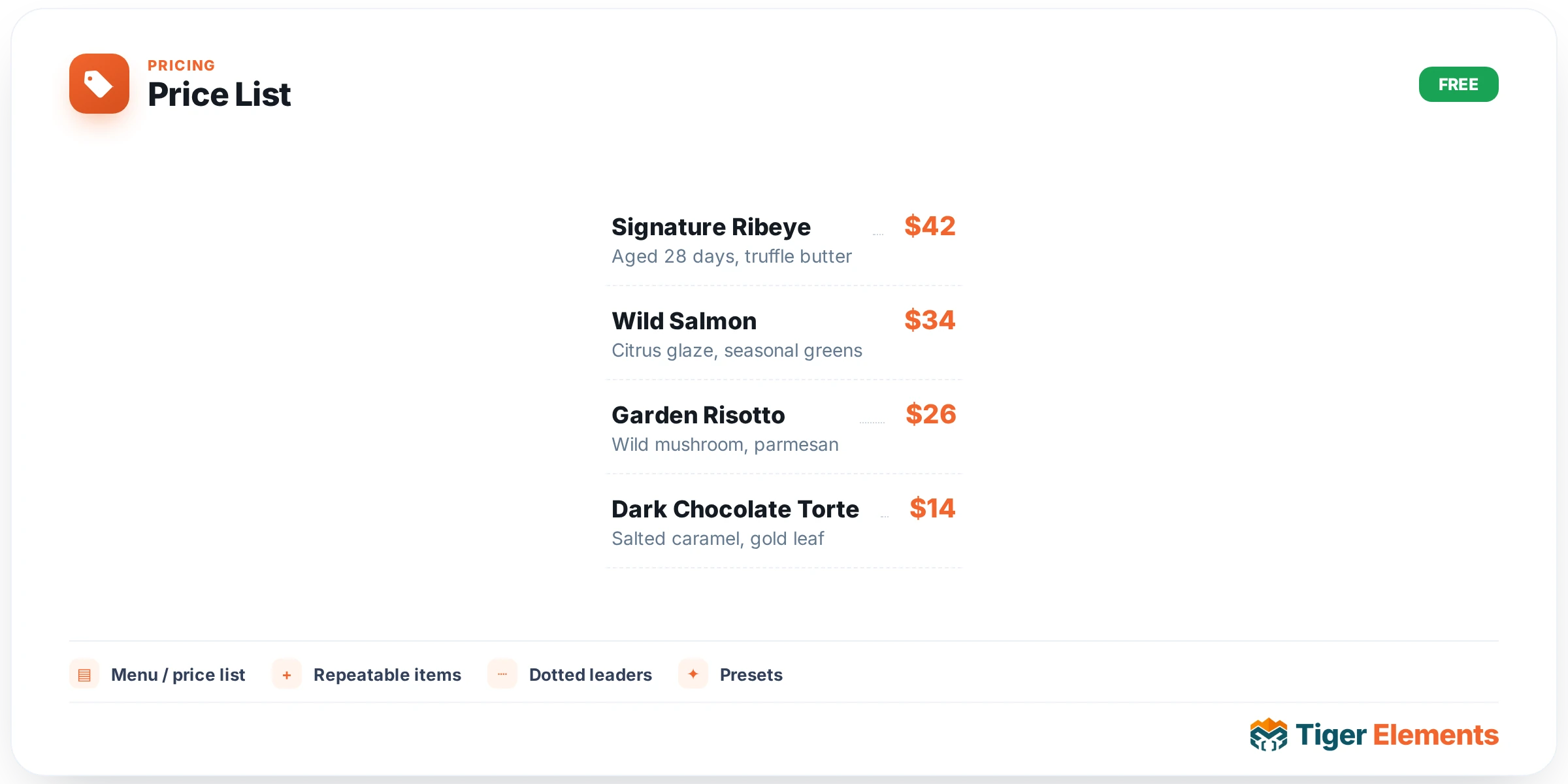 Price List — features & options