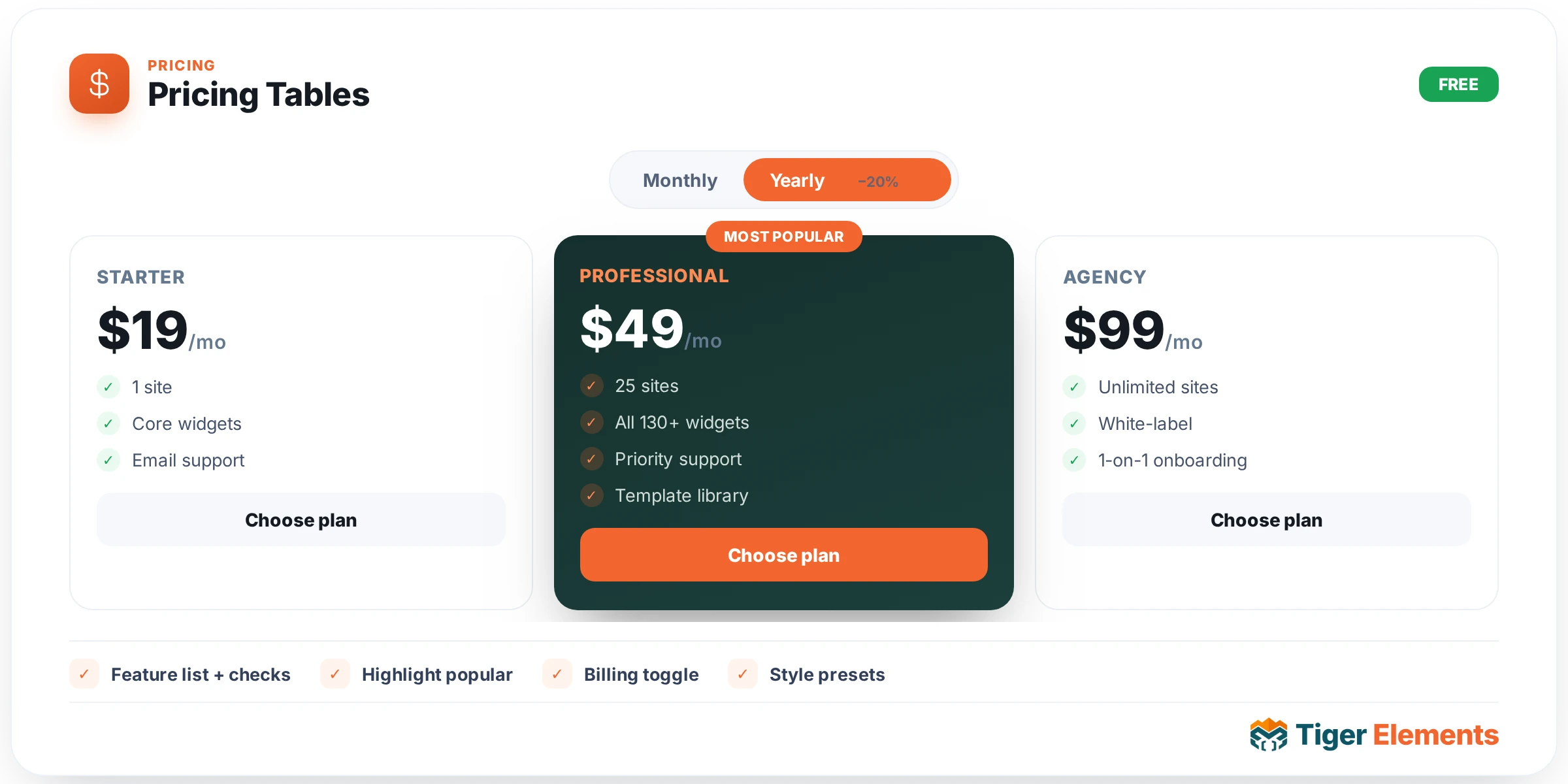 Pricing Tables — features & options