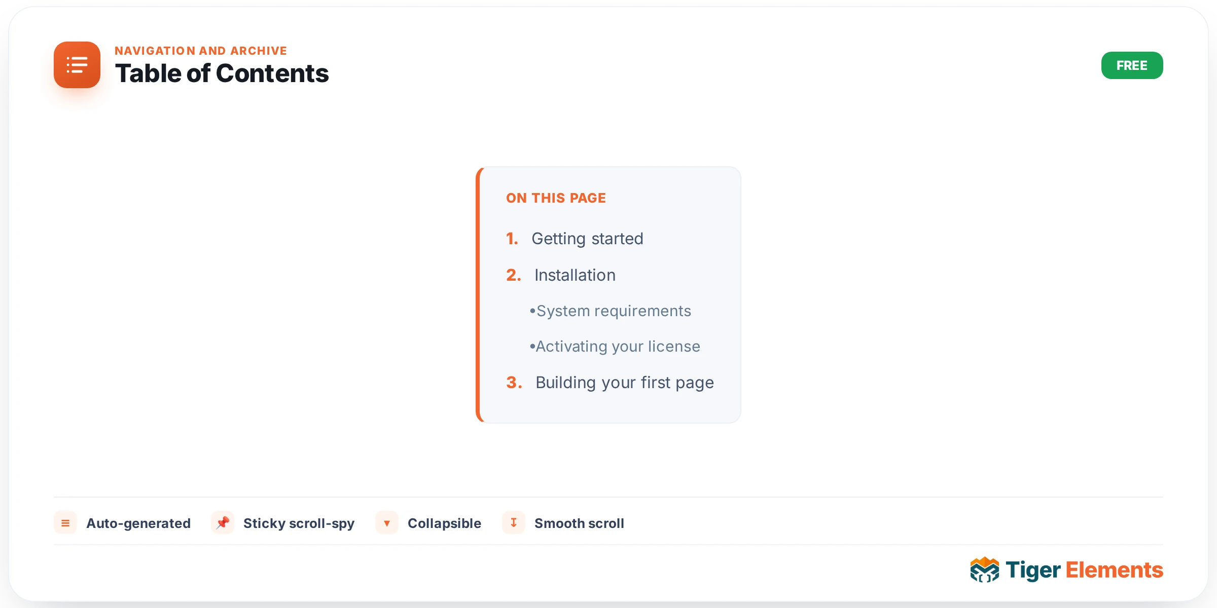 Table of Contents — features & options