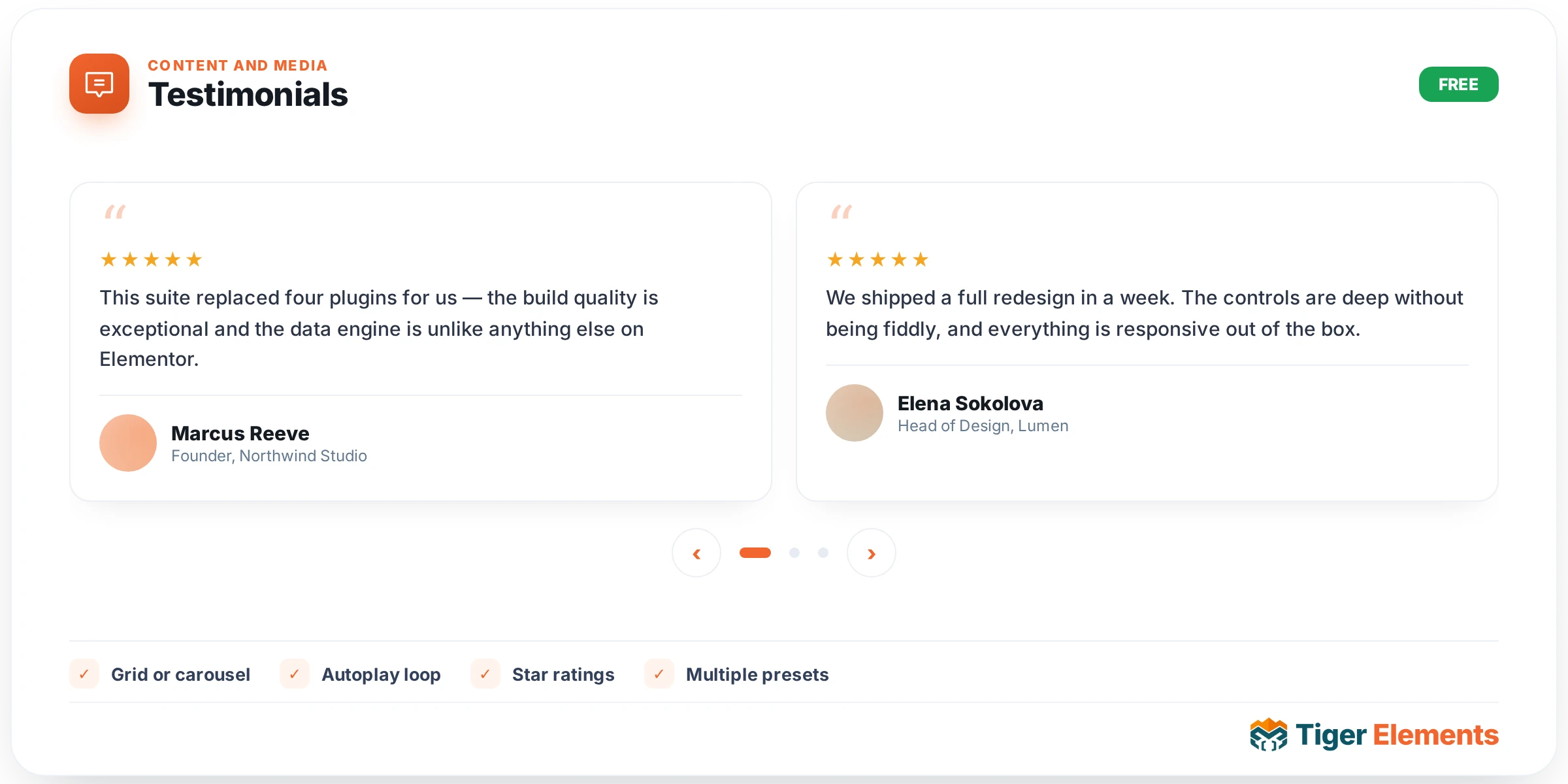 Testimonials — features & options