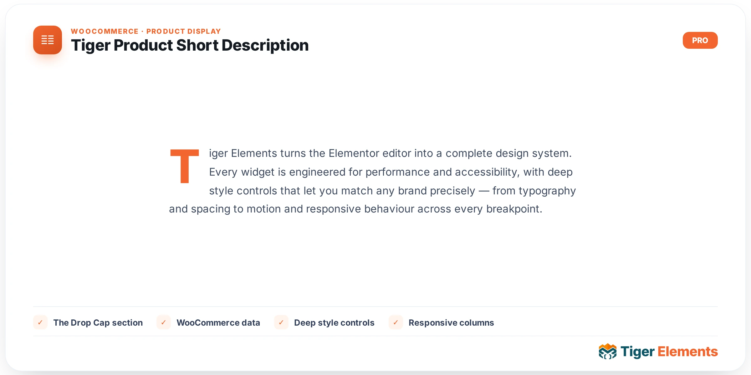 Tiger Product Short Description — features & options