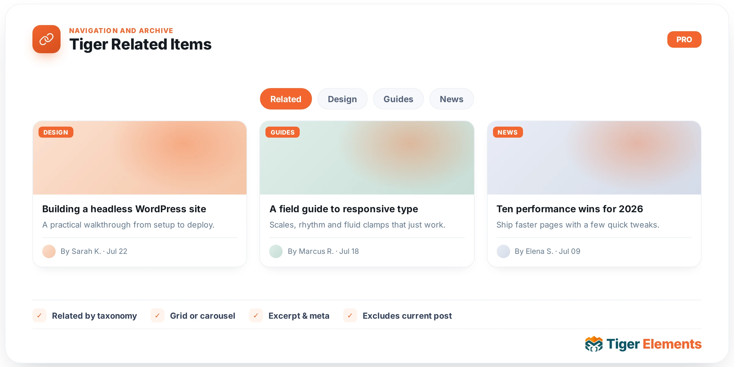 Tiger Related Items — features & options